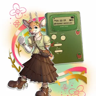 my fursona, digby, an orange deer, is wearing a brown skirt and pale green blouse, he's also wearing boots and a sling bag, both of which have flower and strawberry motifs on it!

behind digby is an old mp3 player, playing on track 4, Adrianne Lenker and Buck Meek's song, Kerina! Under the screen is my watermark, dunetides, and below that are buttons labeled "play/pause", "stop", "ff (or fast foward)", and "rewind" there are swirly lines and flower doodles around Digby!