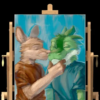 a painting of my sona, an orange deer, kissing my boyfriend, a green pond dragon! The canvas is set on an easel!!