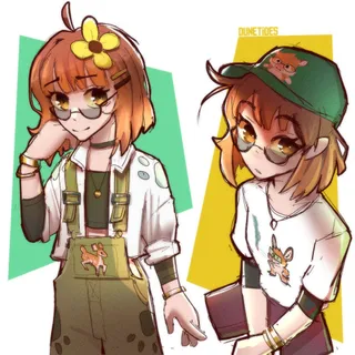 an anime version of my fursona, borrowing from his palette choice of clothing!

On the left, they are wearing overalls with a little deer on it, a white polo shirt with the sleeves pulled up, and a crop top. On the right, they are wearing a baseball cap with my fursona plastered on the front, and a white t-shirt with a little digby smoking! they're also wearing the croptop underneath here, and have maroon pants instead of the overalls.

this is an april fools joke!