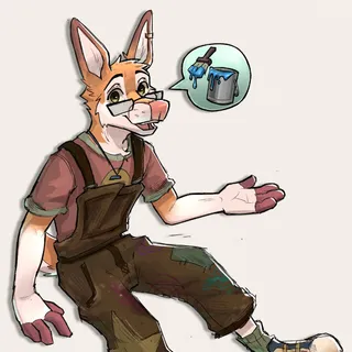 A deer with orange and white fur, wearing a red shirt, brown overalls splattered with paint, and patterns, green socks, and multicolored shoes. The deer has glasses perched on his nose and a cheerful expression, with a speech bubble showing a paintbrush and blue paint, talking about art!

They have a happy, eager talking expression on their face.