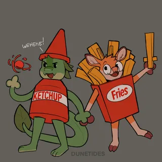 A drawing of a green dragon and an orange deer in their halloween costumes! The dragon wears a ketchup bottle with his hand up, holding a magical orb of ketchup! (He's saying "Wehehe!") and next to him is an orange deer with glasses with a fry costume, he's holding up a sword made out of two fries. They both have happy expression and they're holding each other's hand! #dragon #deer #furryhalloween #halloween #halloweencostumes