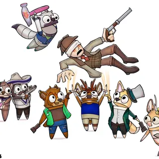 A group of animal semibots gang up on the huntsman, two with a sword and a hammer, ready to strike down the huntsman, three holding them up, another aiming his tranq gun steadily, while another is lovingly holding a love potion next to their loved one!

Clockwise, starting from the top is: Castor, Digby, Neku, Sleepybuck, Kian, Surge, and Lasy!