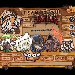 A team fossil card! My user is akin to a heavy metal logo, it says "DUNETIDES"

It features art of my deer fursona, Digby, with his hooves around the border, wearing an archaeologist's hat! It also displays my character, Merry (lamb!), Jules (snake), Cash (coyote), Bonnie (bat), and Digby!

The characters I have are all anthro (for now!)

I don't do revenge chains as I wanna draw for lotsa people, I do friendly fires, and I do revenges! I will attack anthro characters!
