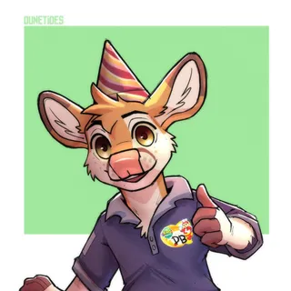 A younger digby (a deer!) wearing a party hat, casual clothes, a lil sticker name tag that says "DB" on his chest, and he has his hand up with a thumbs up!