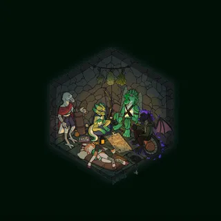 Clockwise, the critters represented here are: Witchy, Tikaka, Phosphorite, Stowen, and me!

A crow and two dragons are actively conversing about how they wanna go about the dungeon, lining out their next move on a tattered map. A kobold is busy working on a little device, while a deer is sleeping with a tiny green dragon plushy around his arm.