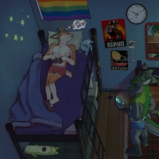 A deer sleeps on the top bunk of a bunk bed, he's positioned in a silly sleeping position as he dreams of jumping deer (feral versions of himself)

A dragon takes one last look at his notifications as he scratches his butt as he'd soon follow suit.

The room has one plushie for each of them. (A little lamb and a long avocado.) there are glow-in-the-dark stars on the left wall, a pride flag, a RDR2 poster, a saturn poster, two pictures, and a red mirror on the other wall. On the dresser there is a wallet, a perfume bottle, a laptop, a key, a watch and a book.