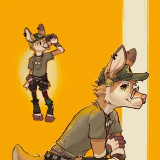 my fursona, Digby, crouched and looking at the viewer! he's wearing a tee, some short shorts, socks, and some hold ups. He's got some fun lil accessories going on, a belt around the belt loop, and one hanging off, a carabiner with a key and a tiny carrot on it, and necklaces (one of which is a fuzzy dice one!) and some piercings on his nose and ears, including a deer ear tag. he's also wearing glasses and a distresed hat with a sunflower on the front!

there's also a chibi digby on the top left, standin' and lookin' upwards!