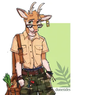 A deer (my fursona, Digby) leaning on an invisible wall. He's wearing a light yellow plaid shirt, camo jorts, and red shoes. There's a little Patapon tugging at his jorts!

He has a large open leather bag filled with groceries and a laptop. On the belt loop of his jorts, he has a star carabiner filled with many little knick-knacks. he's also wearing lots off bracelets, glasses, and a deer tag.