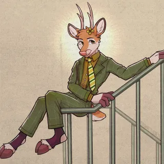 A drawing of my deer fursona, Digby! He's sat on the loop of a staircase railing, both hands holding onto it. while his hooves are dangling off to the left. He's wearing a nice green suit with a pattern on it, as well as a dark yellow dress shirt and a yellow/green patterned tie. He's got antlers pokin' up and a flower tucked on his ear!